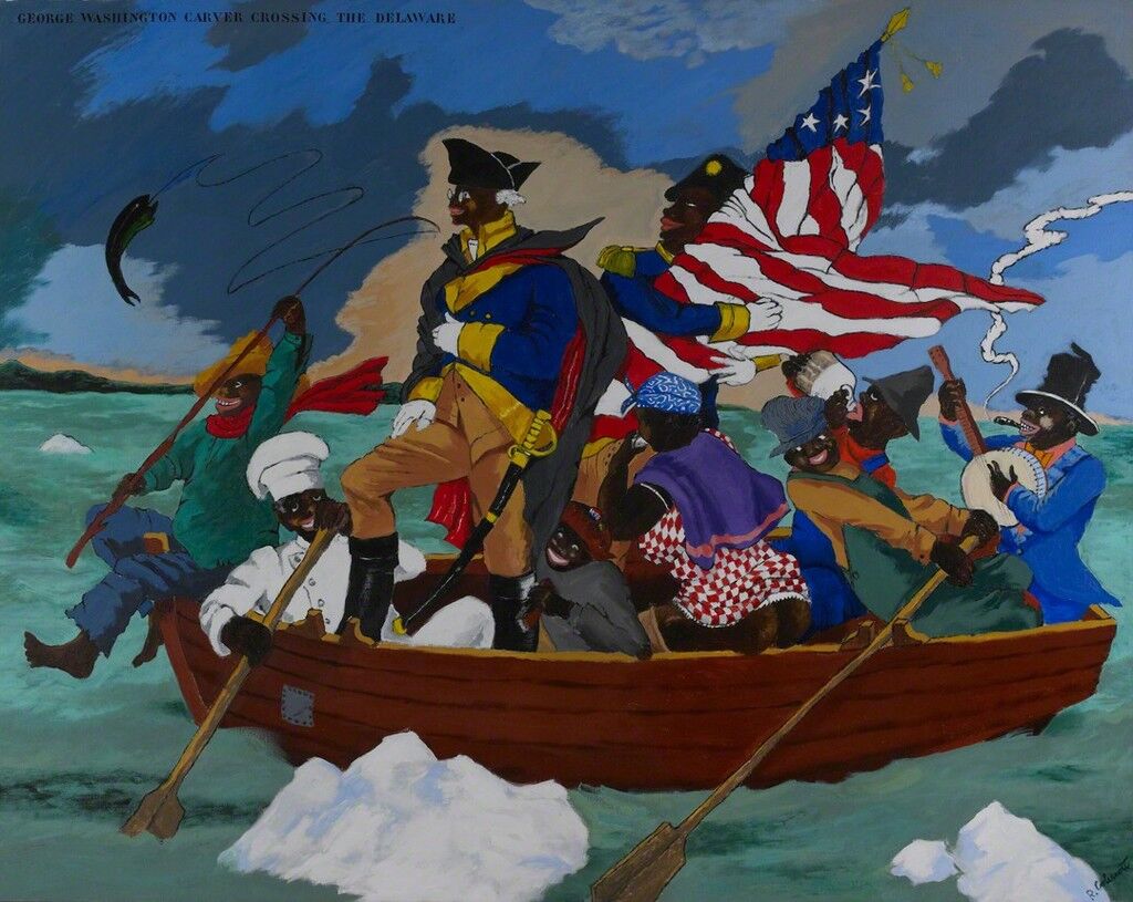 Robert Colescott (American, 1925–2009). George Washington Carver Crossing the Delaware: Page from an American History Textbook, 1975. Acrylic on canvas. Lucas Museum of Narrative Art, Los Angeles,
