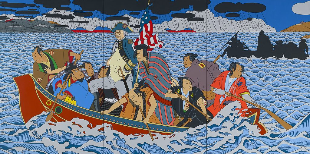 Painting in Japanese style showing boat crossing river, all the passengers are Asian and one (Shimimora) is dressed as George Washington
Shimomura Crossing the Delaware by Roger Shimomura / Acrylic on canvas, 2010 / National Portrait Gallery, Smithsonian Institution; Gift of Raymond L. Ocampo Jr., Sandra Oleksy Ocampo, and Robert P. Ocampo